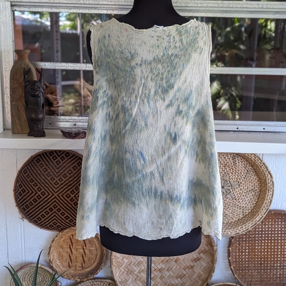 Artsy Tie Dye Gauze Vest Green Hippie Vacation Lagenlook Bohemian Sleeveless - Picture 2 of 11